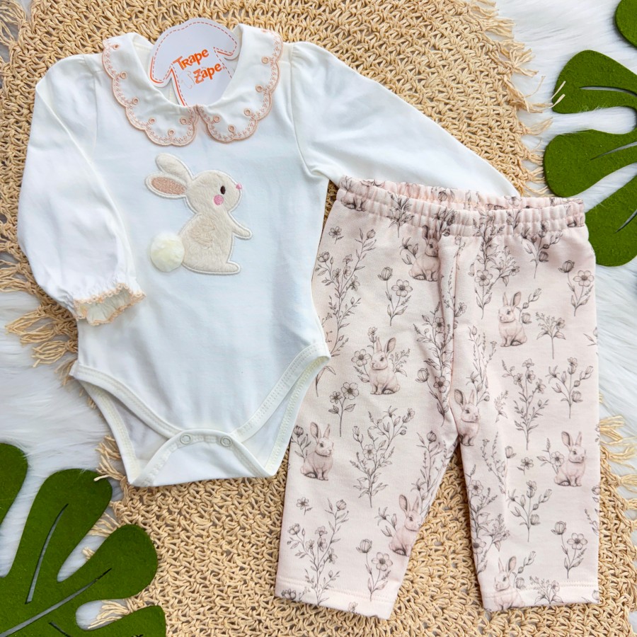 Conj. Body Manga Longa Coelhinha e Calça em Moletinho - Rose e Off White